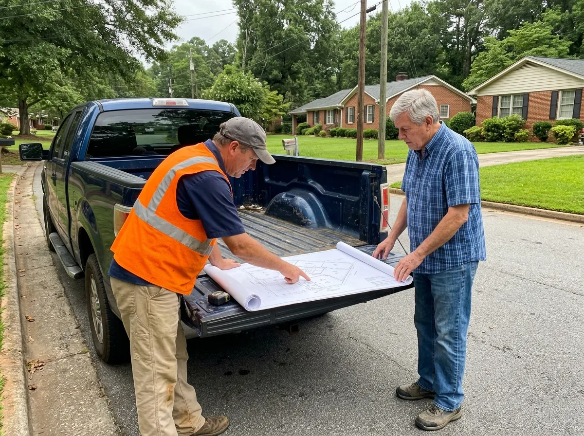 A land surveyor and a homeowner standing at the open tailgate of a pickup truck on a residential street, looking over a large survey plat spread across the tailgate.