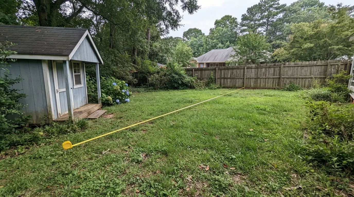 A tape measure stretched across a back lawn from a small blue backyard shed toward a wooden privacy fence, with neighbouring houses and trees behind.
