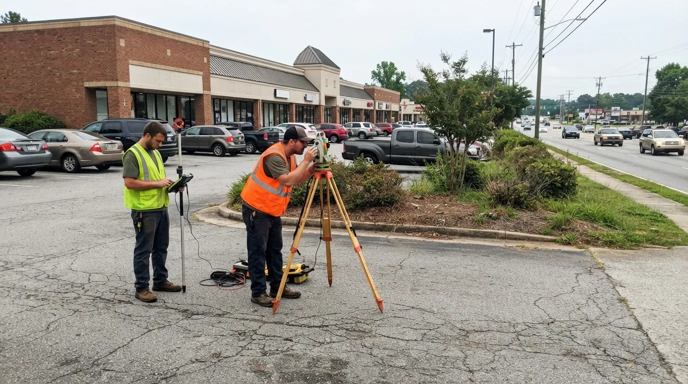 Two land surveyors in hi-vis vests measuring a shopping-center parking lot beside a busy road, one at a total station on a tripod and one holding a prism pole and data collector.