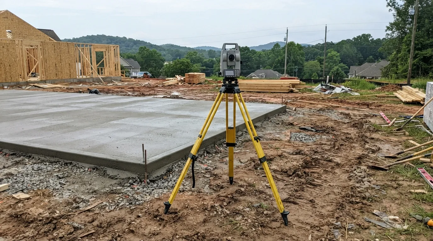 A total station on a yellow tripod beside a freshly poured concrete foundation slab on a residential construction site, framed houses and wooded hills behind.