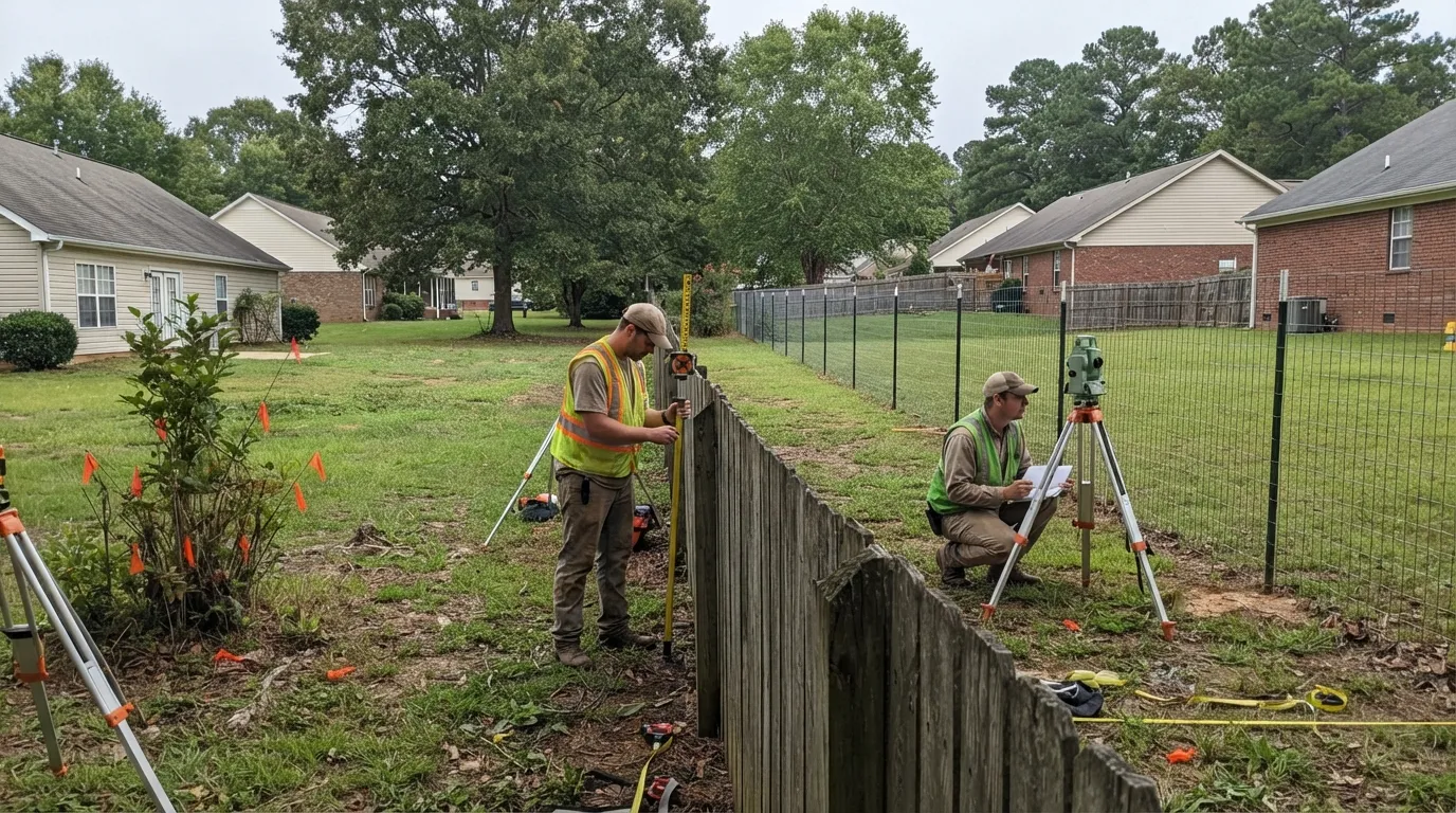 Two land surveyors checking where an old wooden fence and a newer wire fence fail to line up between neighboring backyards, one holding a prism pole and one kneeling by a total station with a plan.