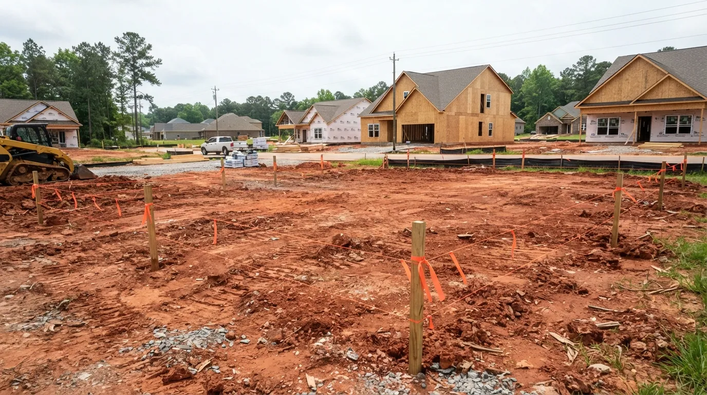 Wooden stakes with orange flagging and string lines marking out a graded red-clay house pad in a new subdivision, with framed houses and a skid steer in the background.