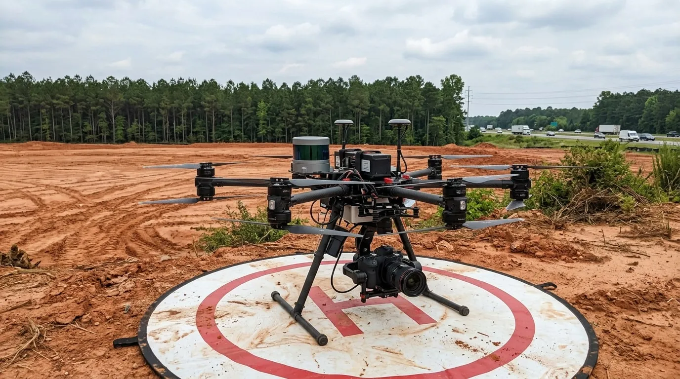 A large mapping drone carrying a lidar unit and camera, sitting on a landing pad at the edge of a cleared red-clay site with a pine treeline and a highway behind.