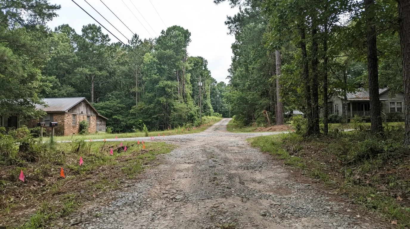 A shared gravel driveway running between two rural homes under tall pines, with pink and orange survey flags along its edge and utility lines overhead.