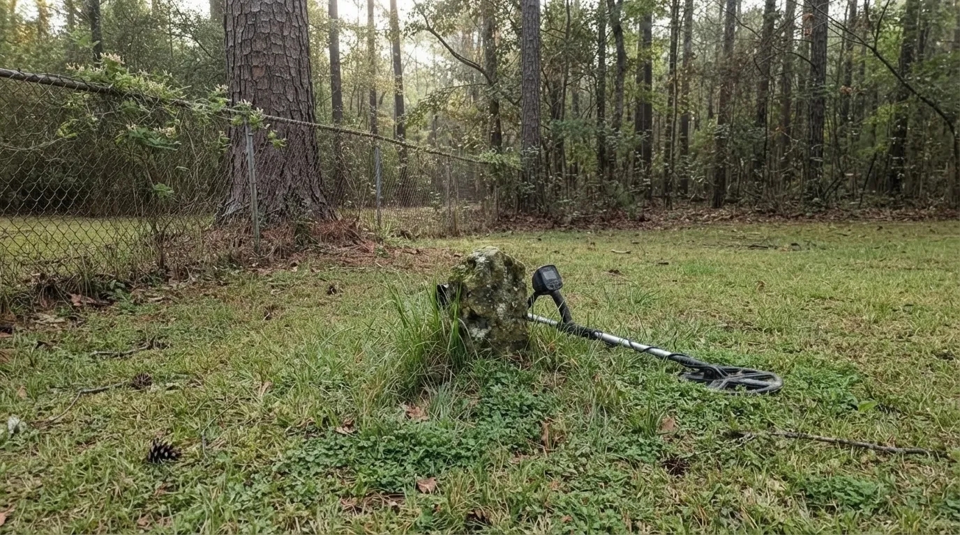 An old moss-covered stone boundary marker in the grass beside a chain-link fence at the edge of a pine woods, with a metal detector lying next to it.