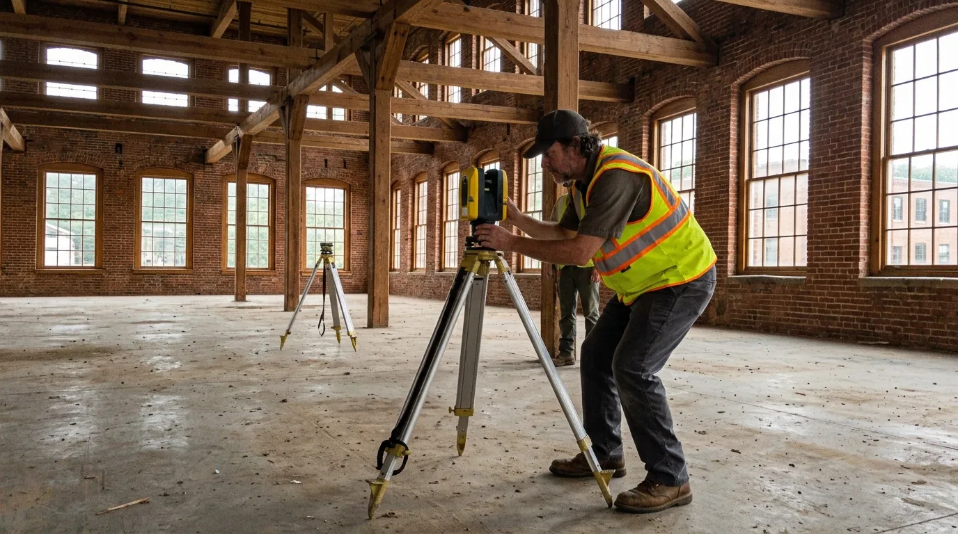 A surveyor setting up a tripod-mounted 3D laser scanner inside an empty brick mill building with heavy timber posts and tall arched windows.