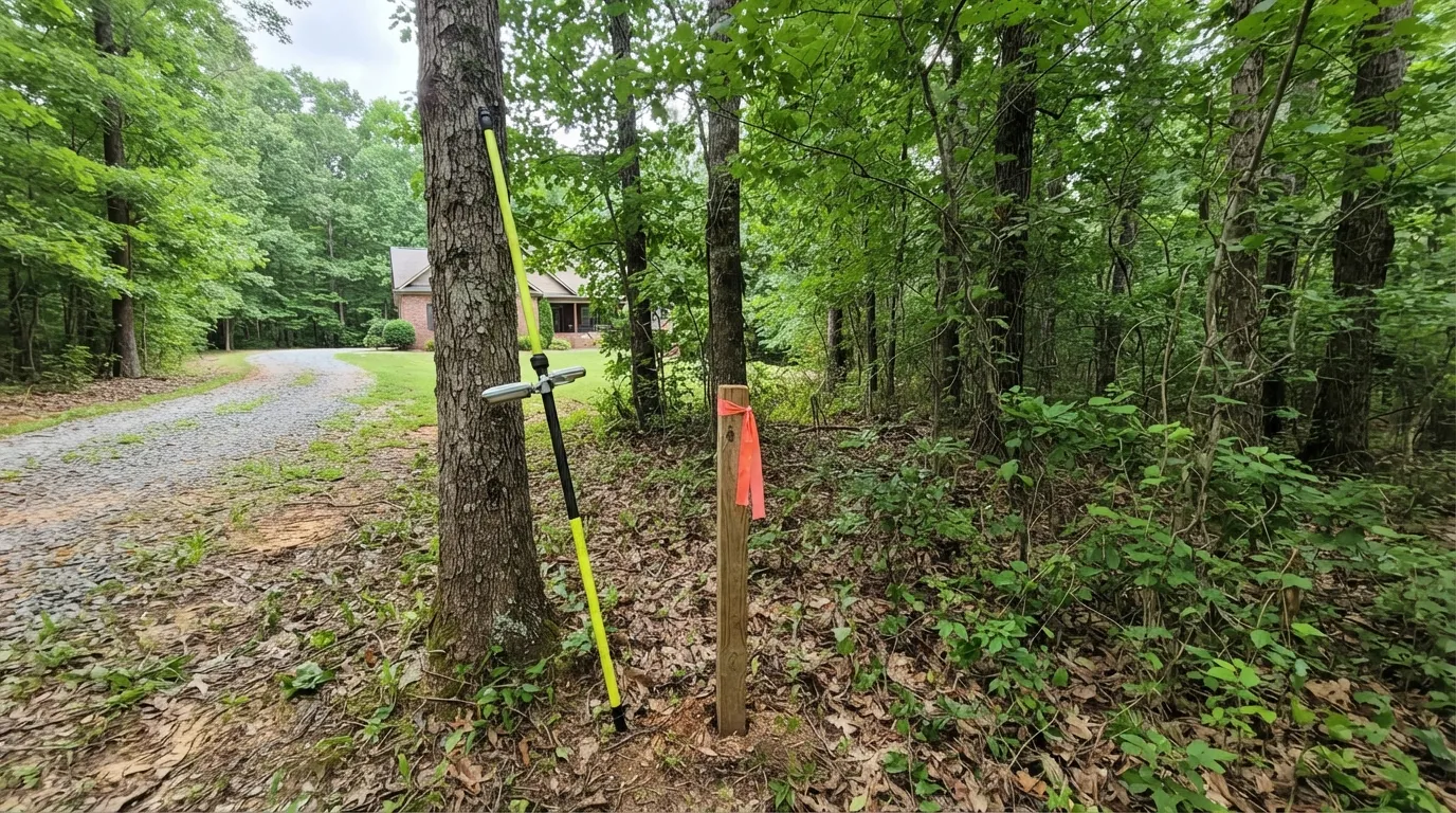 A wooden survey stake with orange flagging at the edge of a wooded residential lot, a GNSS rover pole leaning against a tree beside a gravel driveway leading to a brick house.