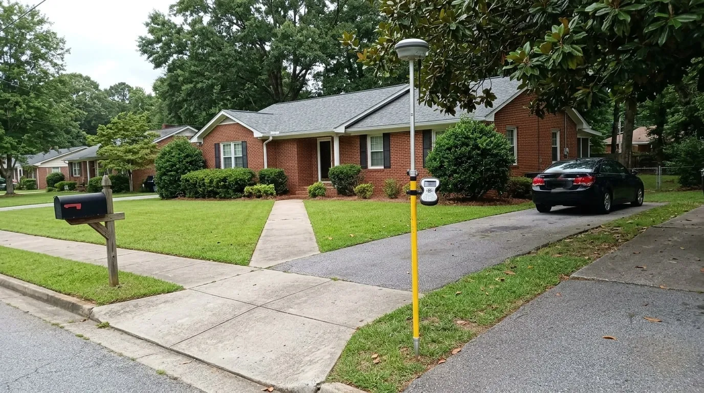A GNSS rover pole set up on the front lawn of a brick ranch house on a quiet residential street, beside the driveway and mailbox.