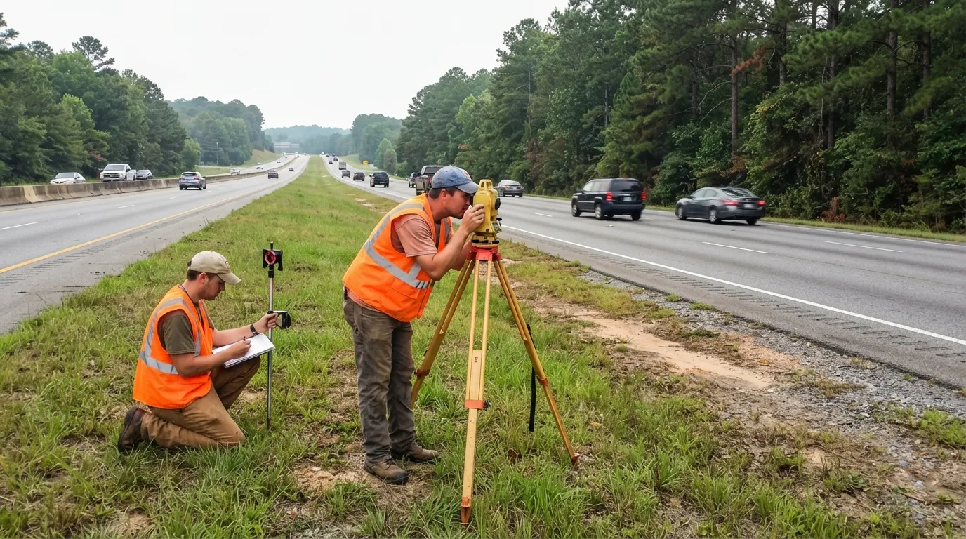Two land surveyors on the grassy median of a divided highway, one at a total station on a tripod and one kneeling with field notes, traffic passing on both carriageways.