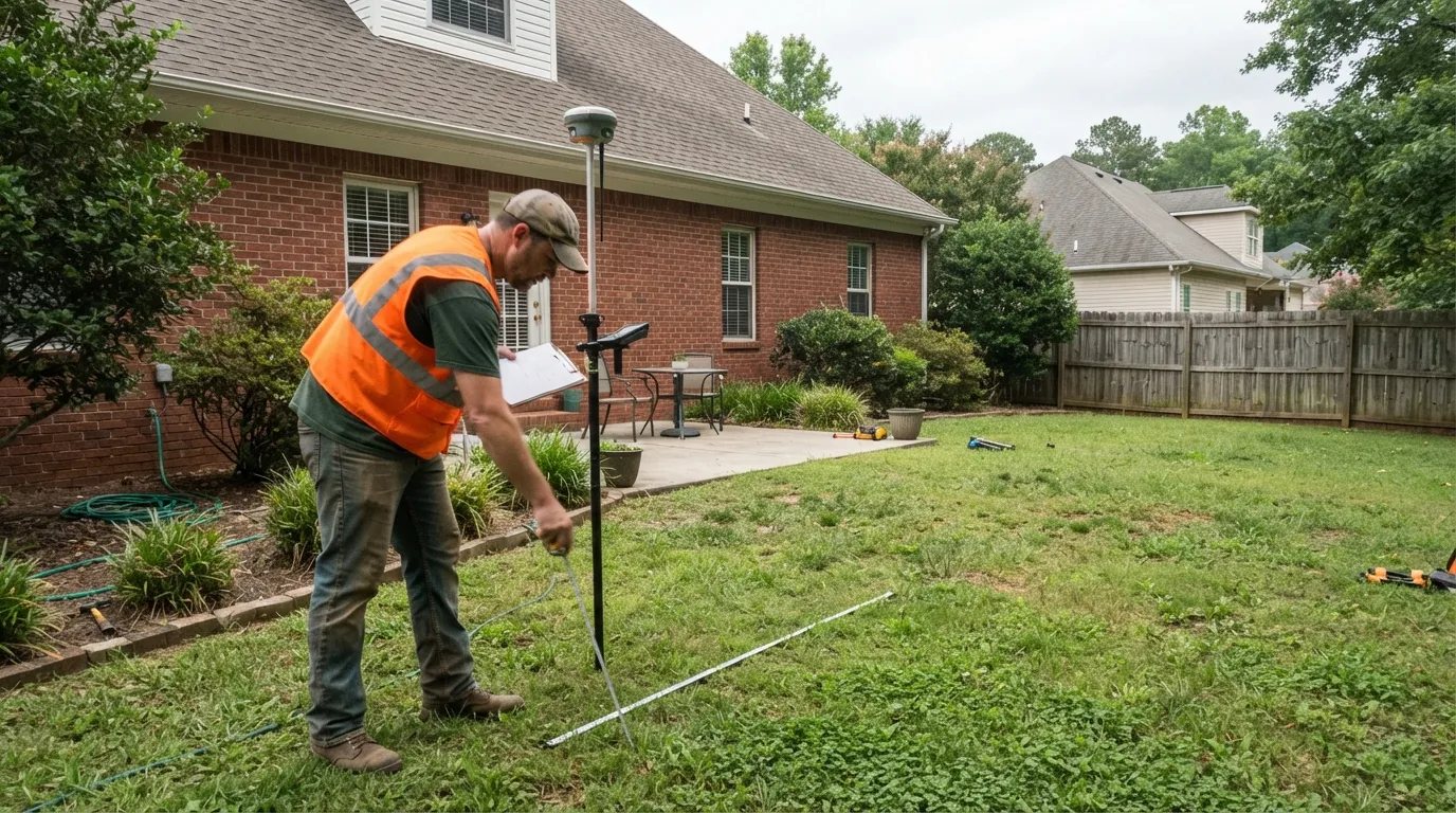 A land surveyor measuring the backyard of a brick house with a tape measure, holding a GNSS rover pole and a clipboard, a patio and wooden privacy fence behind.