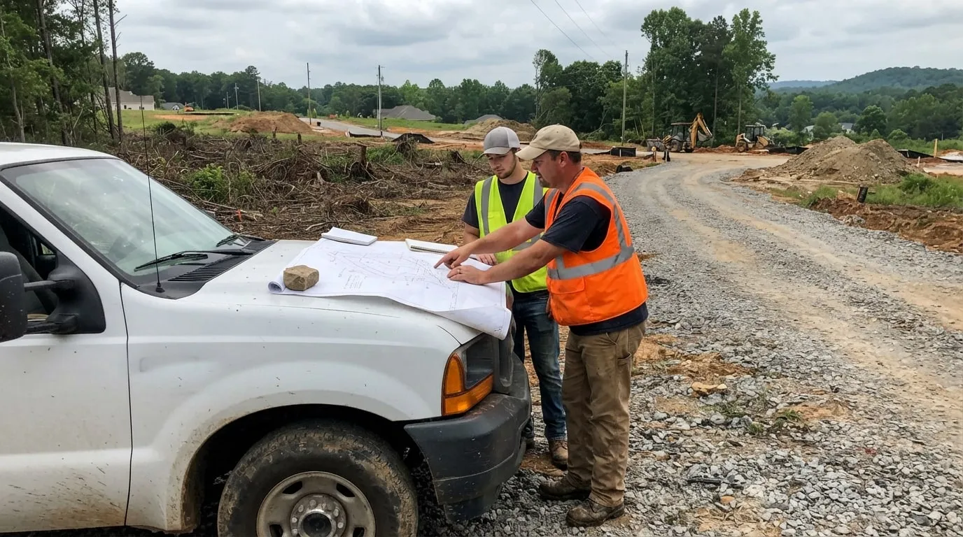 Two land surveyors leaning over a large subdivision plat spread on the hood of a white pickup truck, with a graded road, cleared lots and excavators behind them.
