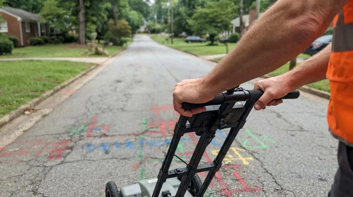 A surveyor pushing a ground-penetrating radar cart along a residential street marked with coloured utility locate paint.