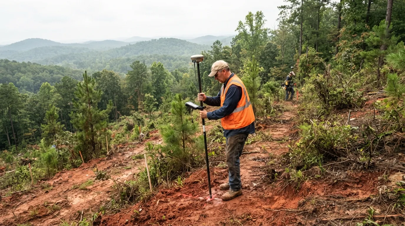 A land surveyor holding a GNSS rover pole and data collector on a partly cleared red-clay hillside, a second surveyor further up the slope and wooded Upstate ridges behind.